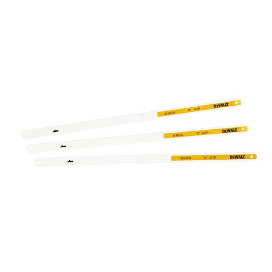 Three DEWALT bi-metal hacksaw blades, 12 inch length, with different teeth per inch, shown on white background.