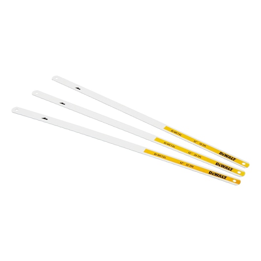 Three DEWALT bi-metal hacksaw blades, 12-inch size, shown side by side with holes at each end.