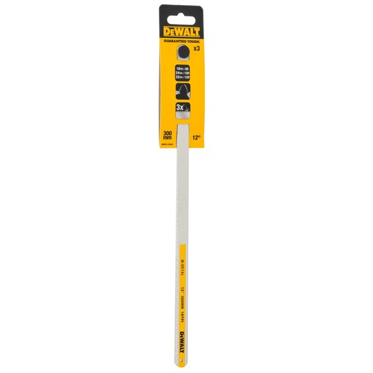 DEWALT 12-inch hacksaw blade with packaging, model DWHT0-20558, for cutting metal and durable materials.