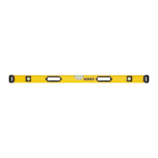 Yellow DEWALT spirit level tool with handles and three bubble vials for precise alignment.