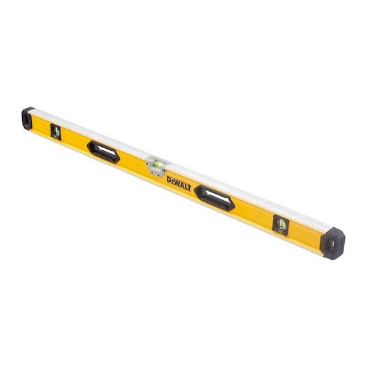 Yellow DEWALT spirit level with handles and three bubble vials, angled view on white background.