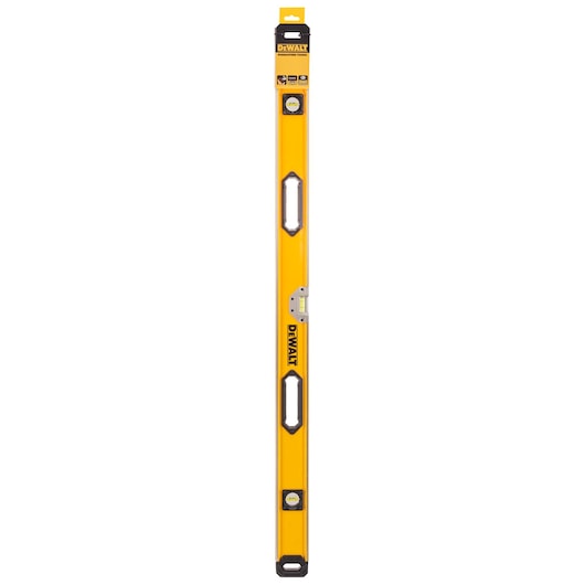 Yellow DEWALT spirit level with three bubble vials and handles, designed for precise leveling tasks.