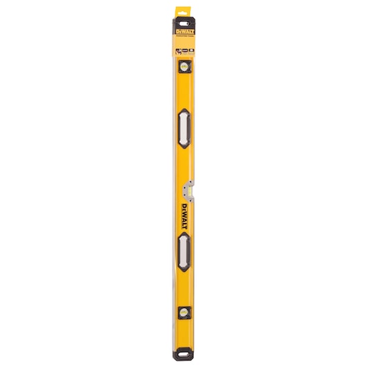 Yellow DEWALT box level with three vials, two handles, and branded packaging, upright on white background.