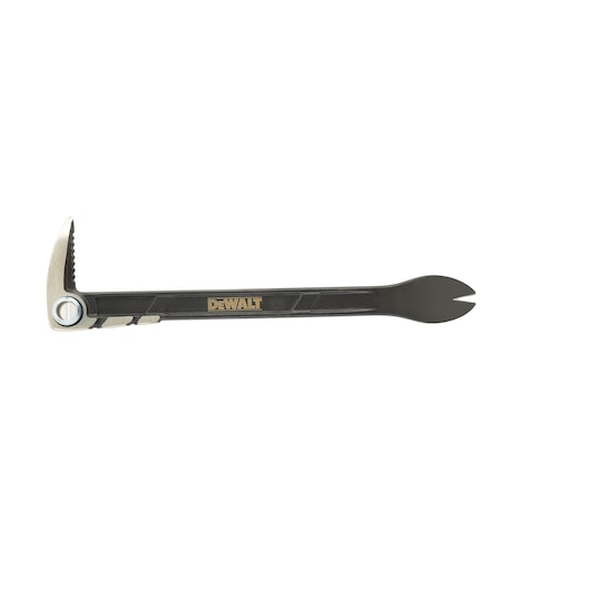 A DEWALT branded hand tool, specifically a black pry bar with a metal claw head and forked end, designed for demolition and nail removal.