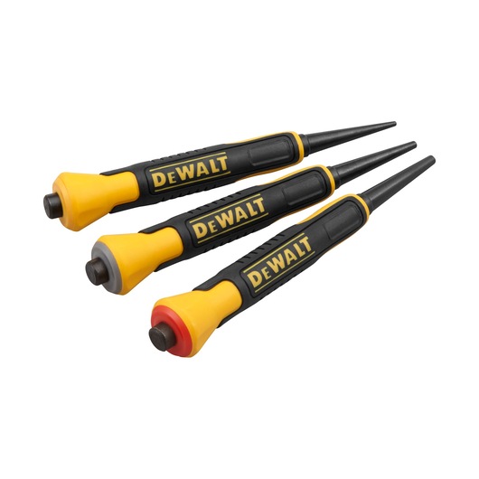 Three DEWALT steel punch tools with yellow and black handles, each tip marked by a colored ring.