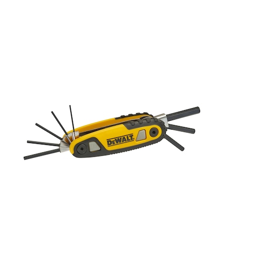 DEWALT folding hex key set with multiple black hex keys extended from a yellow and black handle.