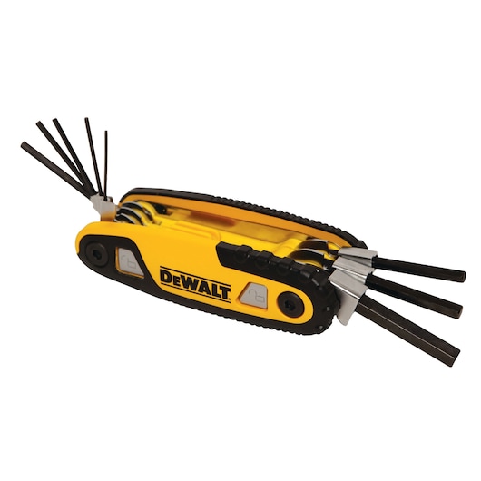 DEWALT foldable hex key set with multiple keys extended, black and yellow casing, isolated on white.