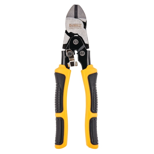 A pair of DEWALT heavy-duty diagonal cutting pliers with yellow and black grip handles, model DWHT0-70275, shown against a white background.