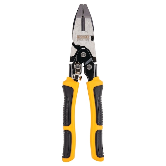 DEWALT DWHT0-70276 aviation snips with yellow and black ergonomic handles, photographed on a white background.
