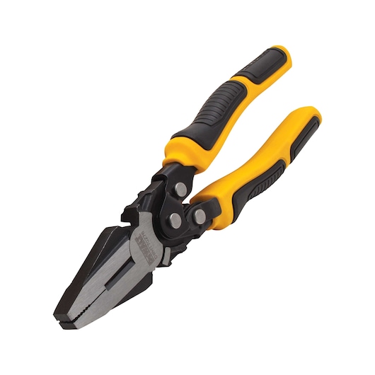 A pair of DEWALT compound action pliers with yellow and black ergonomic handles, shown against a white background.