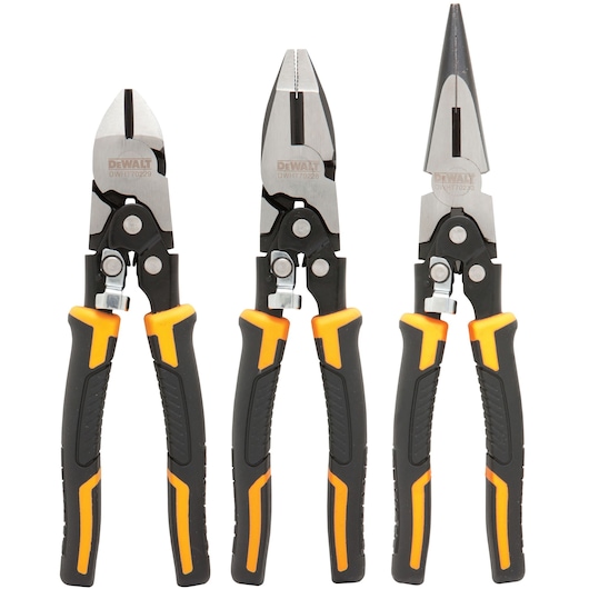 Three DEWALT hand tools, including a pair of diagonal cutting pliers, a pair of combination pliers, and a pair of needle nose pliers, all with black and yellow grips, are shown standing upright side by side.