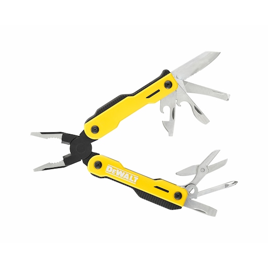 A DEWALT branded yellow and black multi-tool with various extended tools including pliers, knife, scissors, file, bottle opener and screwdriver.
