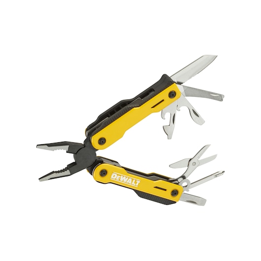 DEWALT yellow multi-tool with pliers, knife, scissors, screwdriver, and other folding tools.