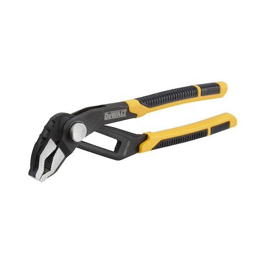 A DEWALT adjustable groove joint pliers with a yellow and black ergonomic handle, used for gripping and turning objects.