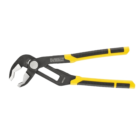 DEWALT adjustable groove joint pliers with yellow and black handles, designed for gripping and turning pipes or fittings.