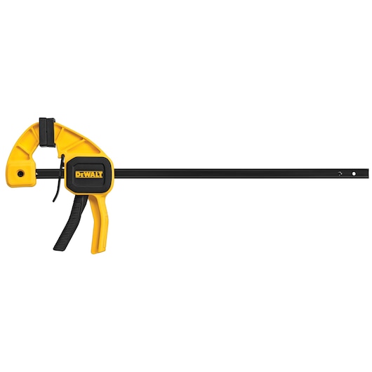 A DEWALT bar clamp with a yellow and black handle and jaws, designed for holding materials securely during woodworking or construction projects.