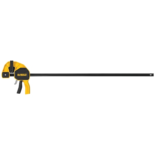 A DEWALT bar clamp with a yellow and black handle, featuring a trigger mechanism and a long black bar, used for securing materials in woodworking or construction.