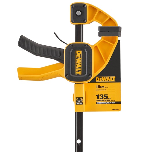 DEWALT large trigger clamp, 15cm, yellow-black, 135kg clamping force, shown upright.