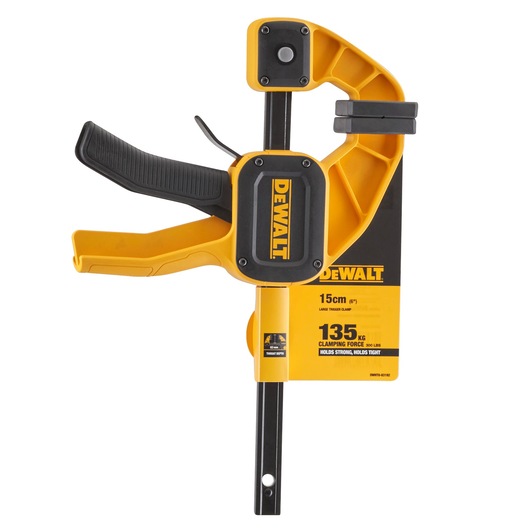 DEWALT 15cm trigger clamp with black and yellow design, labeled for 135kg clamping force.