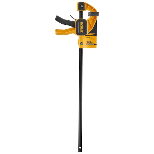 DEWALT bar clamp with yellow and black design, trigger handle, and clamp mechanism for woodworking and projects.