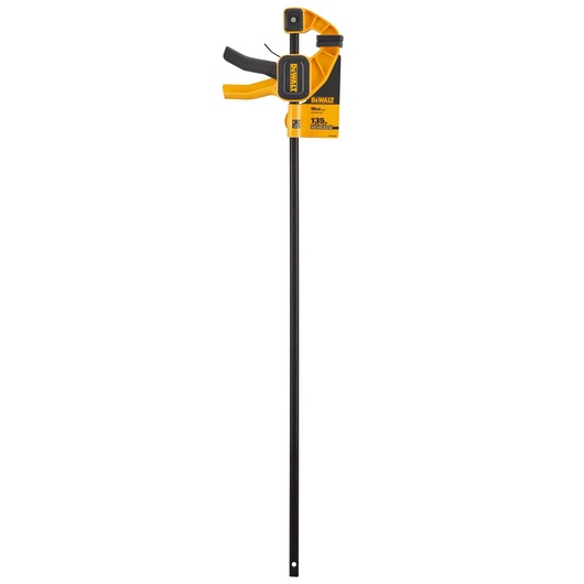 DEWALT bar clamp with yellow handle and black metal shaft, used for woodworking and securing materials.