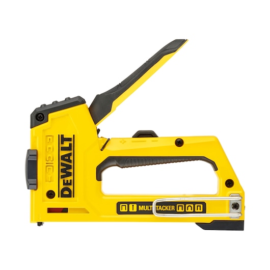 Yellow DEWALT multi-tacker tool with ergonomic handle and metal parts for stapling or fastening tasks.