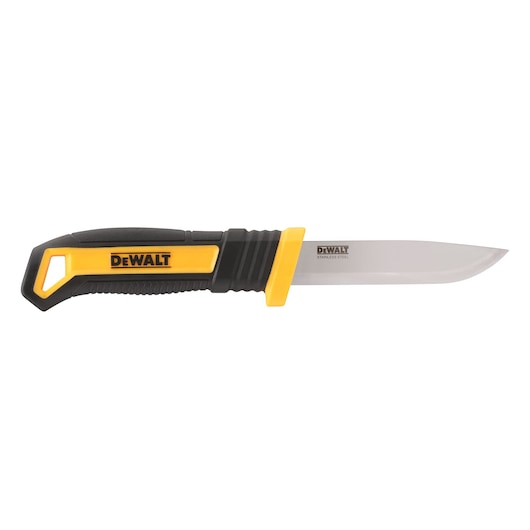 A DEWALT stainless steel utility knife with a black and yellow ergonomic handle, shown on a white background.
