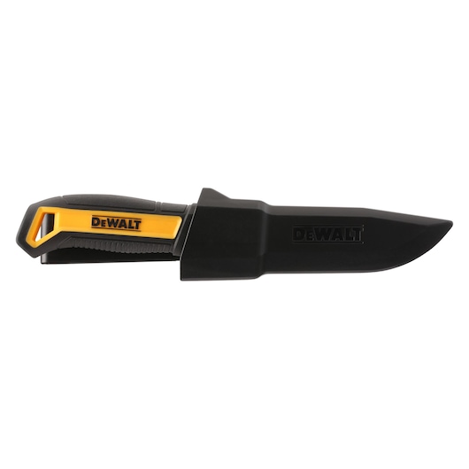 A DEWALT utility knife with a black and yellow handle, shown in its black protective sheath.