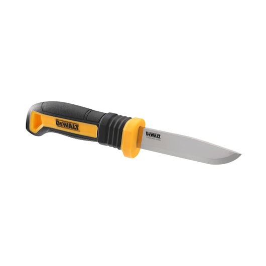 A DEWALT stainless steel utility knife with a black and yellow ergonomic handle, displayed against a white background.