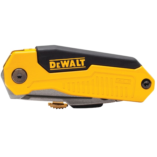 Closed DEWALT utility knife with yellow and black handle, metallic accents, and visible screw details.