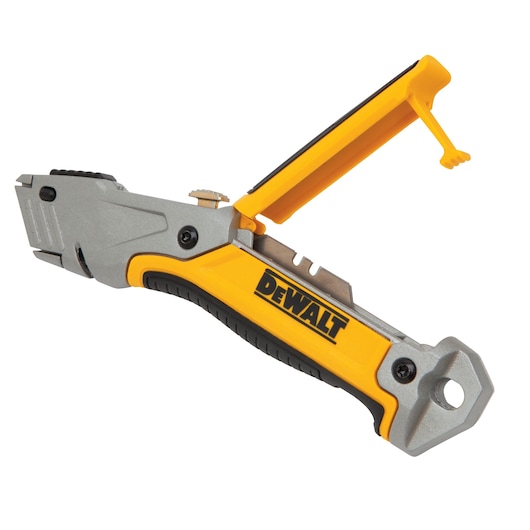 DEWALT yellow and silver utility knife with open blade storage compartment.