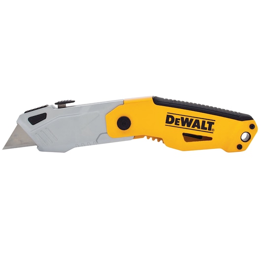 A DEWALT folding utility knife with a yellow and black handle, featuring a retractable blade and ergonomic design.