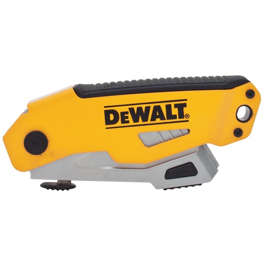 Yellow and silver DEWALT folding utility knife with ergonomic grip shown closed.