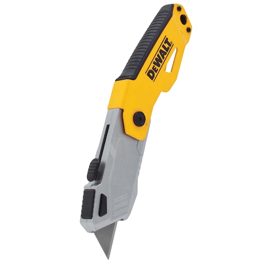 DEWALT utility knife with yellow and black handle, folding design, and exposed blade.