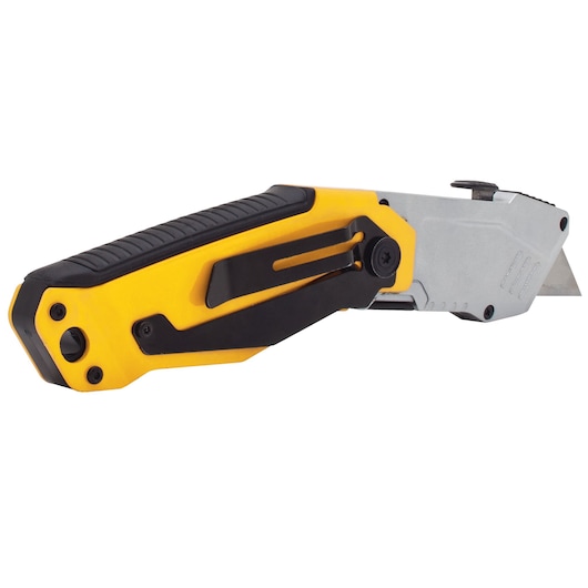 DEWALT folding utility knife with yellow and black handle, metal blade visible, designed for cutting tasks.