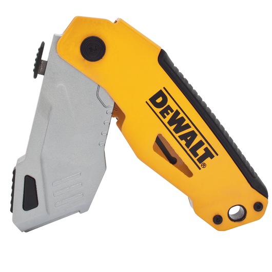 DEWALT folding utility knife with a yellow and silver handle, shown partially open.