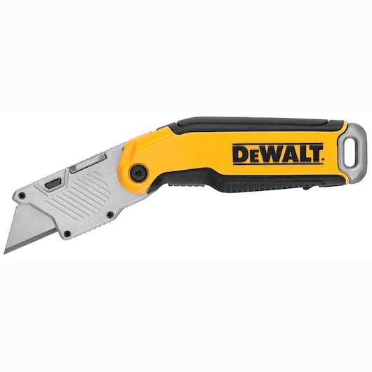 A DEWALT folding utility knife with a yellow and black handle and a sharp, retractable blade.