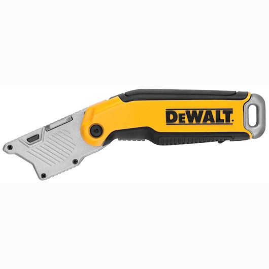 DEWALT folding utility knife with yellow and black handle and silver blade.