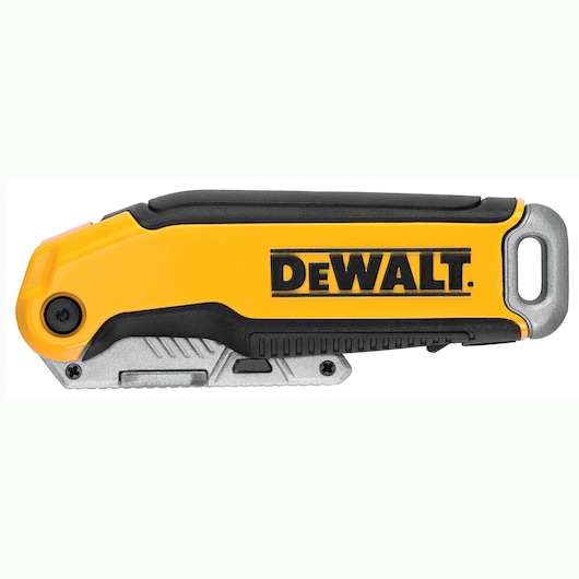 Closed DEWALT folding utility knife with yellow and black body and visible brand logo.