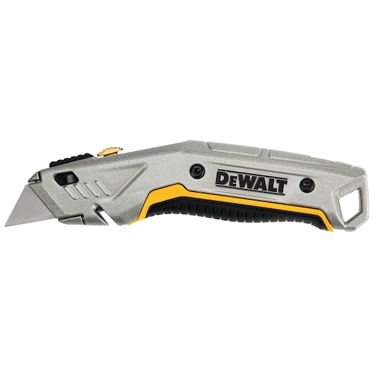 A DEWALT utility knife with a metal body, black and yellow accents, and a retractable blade, designed for heavy-duty cutting tasks.