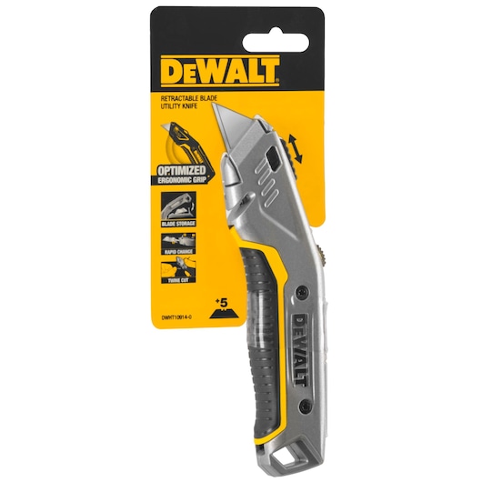 DEWALT DWHT10914-0 retractable blade utility knife in packaging with ergonomic grip features.