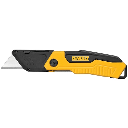 A DEWALT folding utility knife with a yellow and black handle and a retractable blade, shown on a white background.