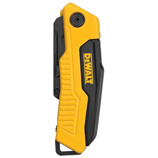 Closed DEWALT folding utility knife with yellow and black handle and visible brand logo.
