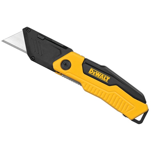 Yellow and black DEWALT folding utility knife with a sharp blade.