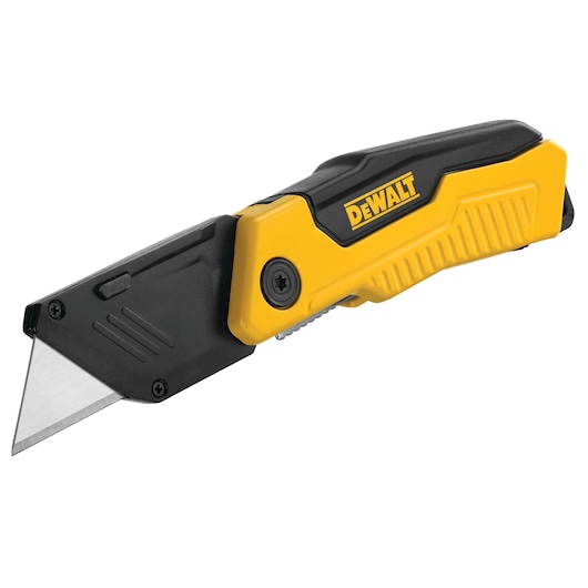 Yellow and black DEWALT folding utility knife with a sharp blade and ergonomic handle.