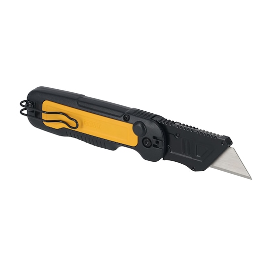 DEWALT folding utility knife with a yellow and black handle and exposed blade, side view.