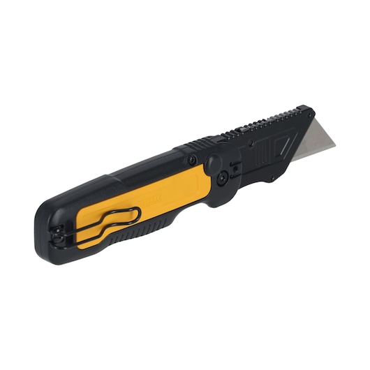 DEWALT folding utility knife with black and yellow handle and exposed blade, shown against a white background.