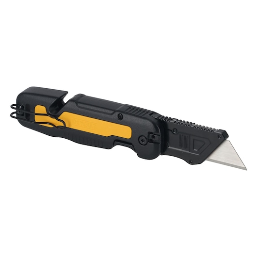 DEWALT utility knife with black and yellow handle, foldable design, and exposed blade.