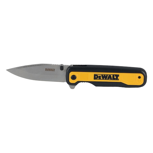 A DEWALT folding pocket knife with a stainless steel blade and a black and yellow handle.