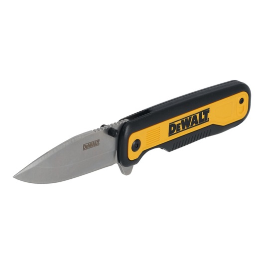 DEWALT folding knife with yellow and black handle, partially open, shows brand logo on handle and blade.